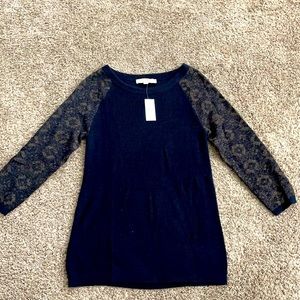 LOFT Navy Crewneck Sweater with Patterned Gray Sleeves